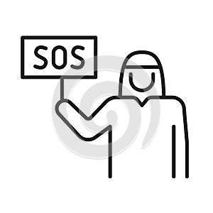 Arabic man with table request for help line icon vector illustration asking aid sign sos word board