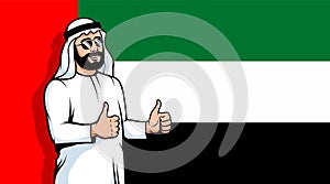 Arabic man thumbs up on united arab emirates flag background