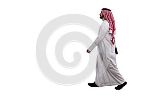 Arabic man walking sideways isolated white background in traditional costume. Ready for cutting and editing