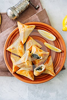 Arabic and middle eastern food concept. Fatayer sabanekh - traditional arabic spinach triangle hand pies on a white stone