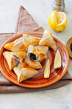 Arabic and middle eastern food concept. Fatayer sabanekh - traditional arabic spinach triangle hand pies on a white stone