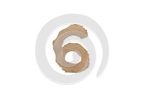 Arabic number symbol isolated over white background. English flat brown torn paper number 6