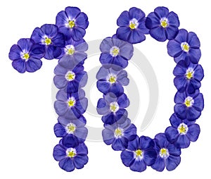 Arabic numeral 10, ten, from blue flowers of flax, isolated on w