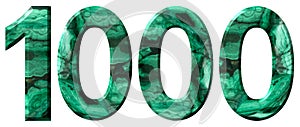 Arabic numeral 1000, one thousand, from natural green malachite, isolated on white background