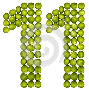 Arabic numeral 11, eleven, from green peas, isolated on white ba