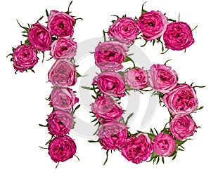 Arabic numeral 16, sixteen, from red flowers of rose, isolated o