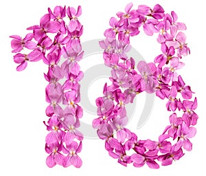 Arabic numeral 18, eighteen, from flowers of viola, isolated on