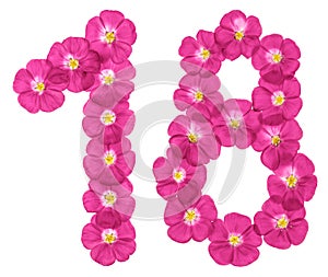 Arabic numeral 18, eighteen, one, from pink flowers of flax, isolated on white background