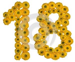 Arabic numeral 18, eighteen, from yellow flowers of buttercup,