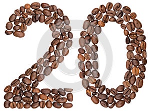 Arabic numeral 20, twenty, from coffee beans, isolated on white