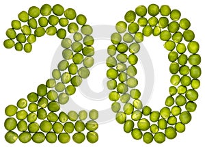 Arabic numeral 20, twenty, from green peas, isolated on white ba