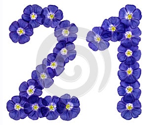 Arabic numeral 21, twenty one, twenty, from blue flowers of flax