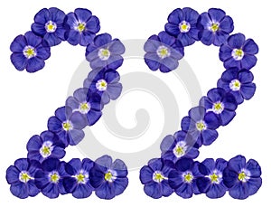 Arabic numeral 22, twenty two, from blue flowers of flax, isolated on white background