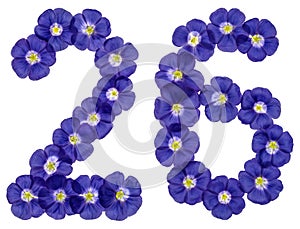 Arabic numeral 26, twenty six, from blue flowers of flax, isolated on white background