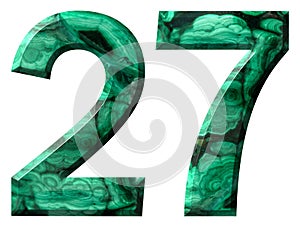 Arabic numeral 27, twenty seven, from natural green malachite, isolated on white background