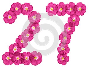 Arabic numeral 27, twenty seven, from pink flowers of flax, isolated on white background