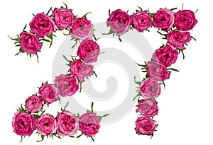 Arabic numeral 27, twenty seven, from red flowers of rose, isolated on white background