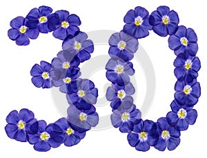 Arabic numeral 30, thirty, from blue flowers of flax, isolated o