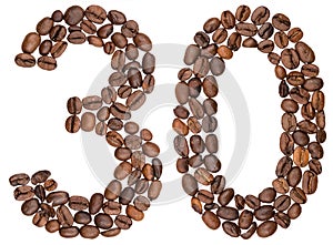 Arabic numeral 30, thirty, from coffee beans, isolated on white