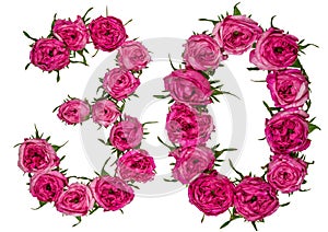 Arabic numeral 30, thirty, from red flowers of rose, isolated on