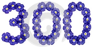 Arabic numeral 300, three hundred, from blue flowers of flax, is