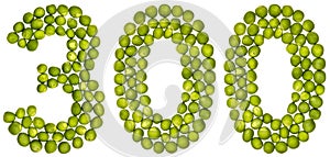 Arabic numeral 300, three hundred, from green peas, isolated on