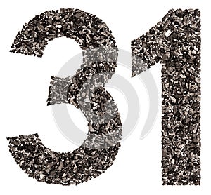 Arabic numeral 31, thirty one, from black a natural charcoal, is