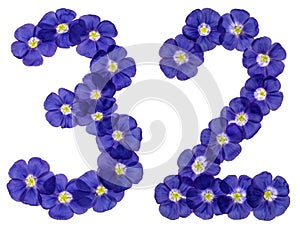 Arabic numeral 32, thirty two, from blue flowers of flax, isolated on white background