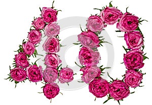 Arabic numeral 40, forty, from red flowers of rose, isolated on
