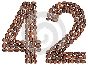 Arabic numeral 42, forty two, from coffee beans, isolated on white background