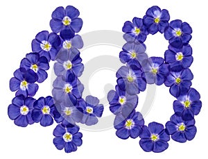 Arabic numeral 48, forty eight, from blue flowers of flax, isolated on white background