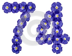 Arabic numeral 74, seventy four, from blue flowers of flax, isolated on white background