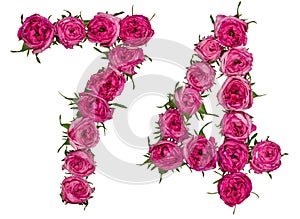 Arabic numeral 74, seventy four, from red flowers of rose, isolated on white background