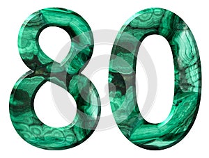 Arabic numeral 80, eighty, from natural green malachite, isolated on white background