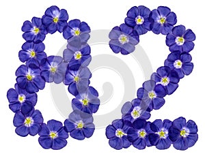 Arabic numeral 82, eighty two, from blue flowers of flax, isolated on white background