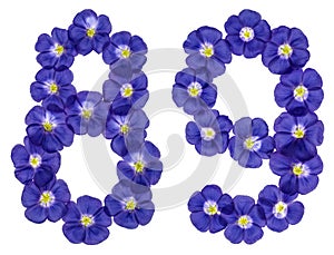 Arabic numeral 89, eighty nine, from blue flowers of flax, isolated on white background