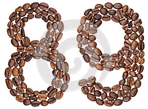 Arabic numeral 89, eighty nine, from coffee beans, isolated on w
