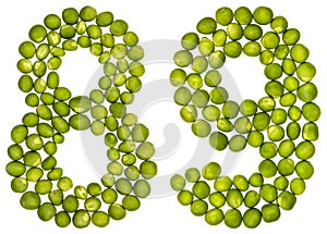 Arabic numeral 89, eighty nine, from green peas, isolated on white background