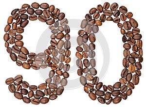 Arabic numeral 90, ninety, from coffee beans, isolated on white