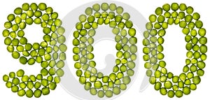 Arabic numeral 900, nine hundred, from green peas, isolated on w