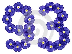Arabic numeral 93, ninety three, from blue flowers of flax, isolated on white background