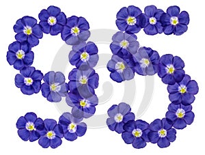 Arabic numeral 95, ninety five, from blue flowers of flax, isolated on white background