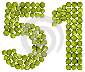 Arabic numeral 51, fifty one, from green peas, isolated on white