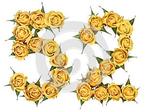 Arabic numeral 52, fifty two, from yellow flowers of rose, isolated on white background