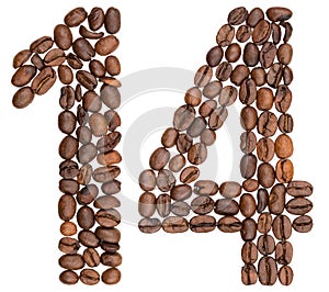 Arabic numeral 14, fourteen, from coffee beans, isolated on whit