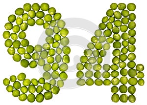Arabic numeral 94, ninety four, from green peas, isolated on white background