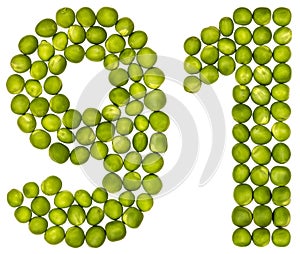 Arabic numeral 91, ninety one, from green peas, isolated on whit