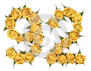 Arabic numeral 92, ninety two, from yellow flowers of rose, isolated on white background