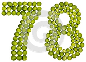 Arabic numeral 78, seventy eight, from green peas, isolated on w