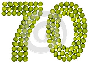 Arabic numeral 70, seventy, from green peas, isolated on white b